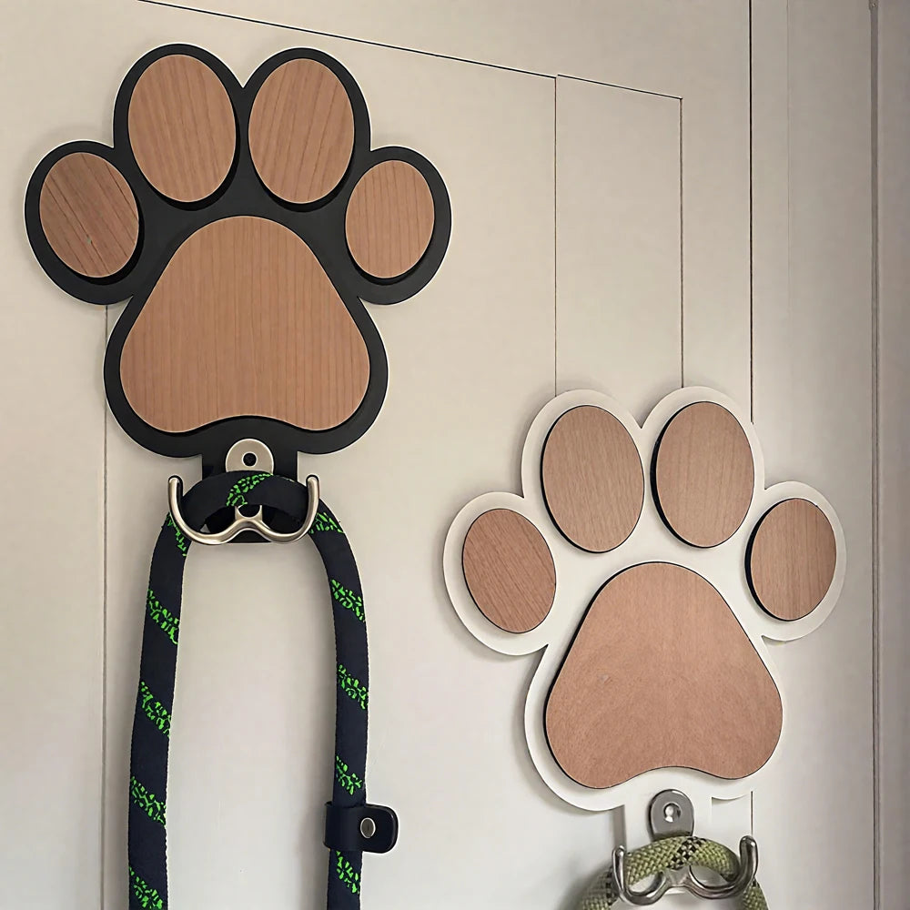 Wooden Paw Print Leash Holder – Wall-Mounted Hook for Collars & Leads