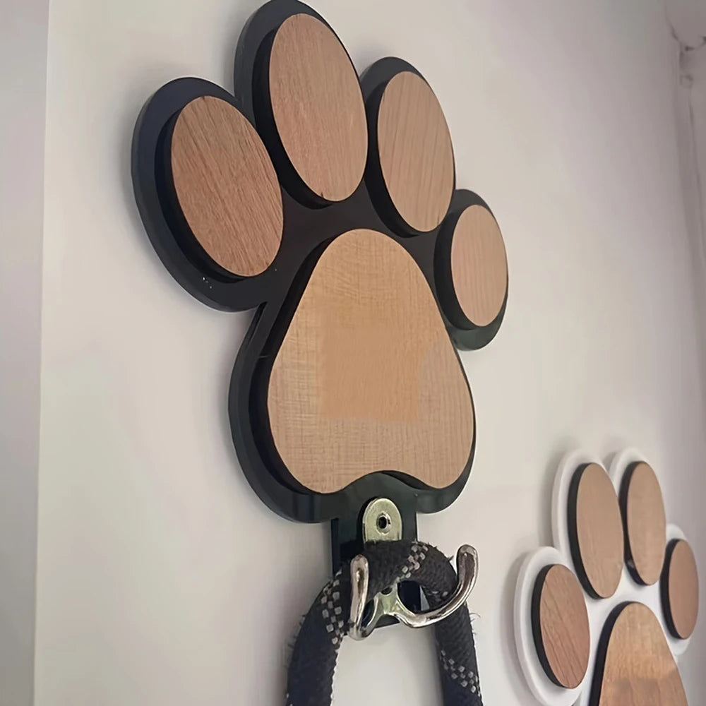Wooden Paw Print Leash Holder – Wall-Mounted Hook for Collars & Leads